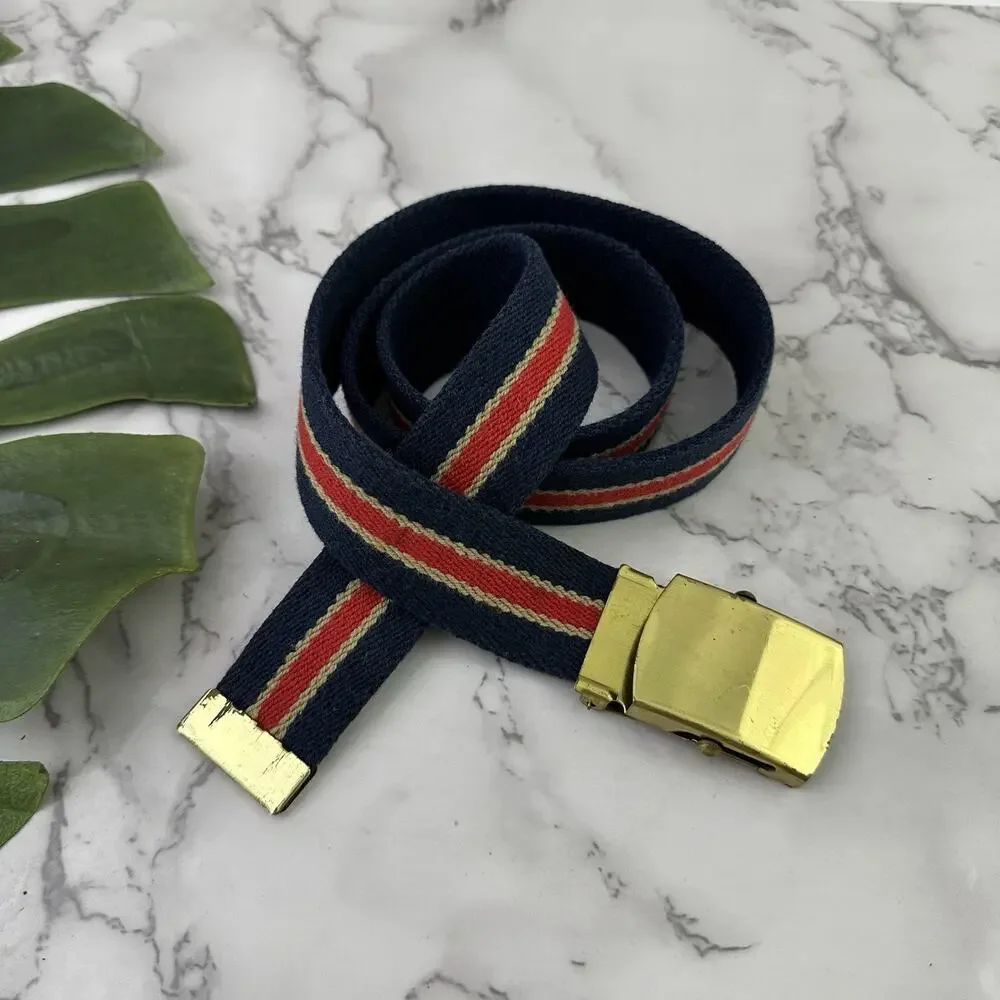 Vintage 80s Mens Woven Belt Size S Blue Red Stripe Brass Buckle Slide Nautical
